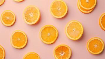Orange slice fresh citrus healthy fruit yellow seamless pattern on pink background photo