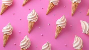 Ice cream cone waffle vanilla flavor seamless pattern clear solid pink background photo