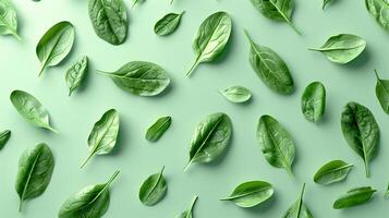 Spinach leaves organic botanical pattern on green background photo