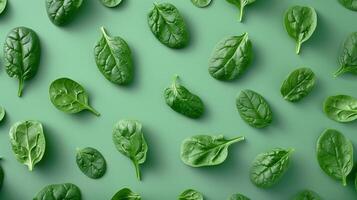 Spinach leaves organic botanical pattern on green background photo