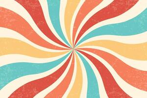 Spiral retro pattern background. Swirl groovy sun rays. Psychedelic radial burst with grunge texture. 70s starburst hypnotic illustration. Vintage circular abstract colorful bg. vector