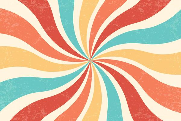Spiral retro pattern background. Swirl groovy sun rays. Psychedelic radial burst with grunge texture. 70s starburst hypnotic illustration. Vintage circular abstract colorful bg.