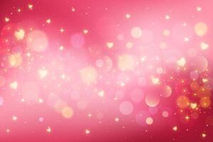 Pink background with hearts and bokeh. Cute lovely pattern with glitter and sparkles. Red color gradation backdrop for Valentine Day design. Magic dreamy romantic sky with soft blurred light. vector