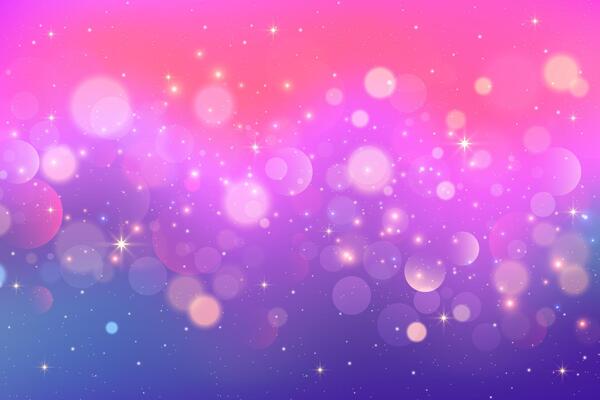 Cute purple abstract background with glitter and stars. Dreamy pastel purple fantasy sky with sparkles. Unicorn magic wavy bg. Glowing galaxy with holographic gradient. Illustration