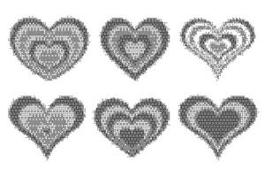 Pixel pattern hearts. Bitmap dotted texture symbols of love. Retro design elements with color gradation. Y2k grainy digits halftone shapes. Valentine day grunge figures vector