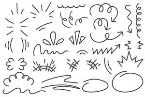 Comic cartoon effects of bomb explosion. Doodle elements splashes burst and arrows. Manga boom and scribble lines sketch. Hand drawn speed action lines. vector