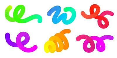 3D gradient shapes. Abstract rainbow colored fluid swirl elements on white background. Wavy blend spiral objects. Dynamic organic neon strokes. Bright gradation stripes vector