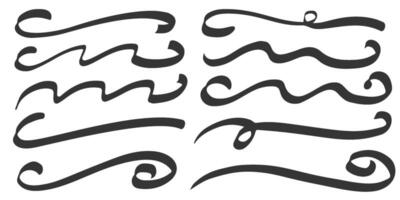 Swoosh lines and underline brush strokes. Swish and curly swash hand drawn calligraphic tails. Squiggle doodle dividers and elegant border for decoration. Curved black design elements vector