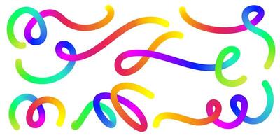 3D rainbow gradient lines. Fluid color elements on white background. Wavy blend swirl stripes. Dynamic twisted flowing strokes for posters and banners. vector