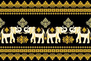 Damask pattern, Elephant Golden color, Black background. Seamless pattern with animals and ornate elements. Perfect for vintage wallpaper or textile designs. vector