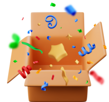 3d opened cardboard box with color confetti png
