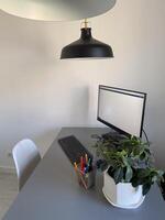 Minimalistic office desk with plants, a computer and chair. Clean and modern workspace with green indoor plants. Home office photo