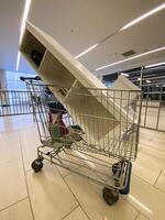 Large piece of furniture is precariously balanced in a shopping cart inside a spacious, modern mall. The unusual sight contrasts everyday shopping tasks with unexpected logistical challenges photo