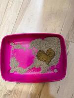 Heart-shaped pattern formed in a litter box sand for cat, surprising discover inside a pets litter tray on a wooden floor. Emphasizing unexpected moments of fun and creativity in everyday situations photo