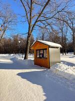 Wooden kiosk nestled in a winter wonderland, surrounded by snow-covered trees. the bright blue sky enhances the vibrant colors of the cozy structure, inviting exploration and warmth photo