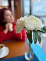 Focus on a delicate white flower in a vase with a blurred woman in background, dressed in red, depicting a serene indoor scene. Contrasting colors create a sense of tranquility and contemplation. photo