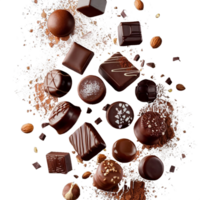 A close up of a variety of chocolates with nuts and salt sprinkled on top png