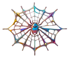 3D chrome element in Y2K style, isolated background, liquid holographic metal. A colorful spider web with a spider in the center, rainbow colors. png