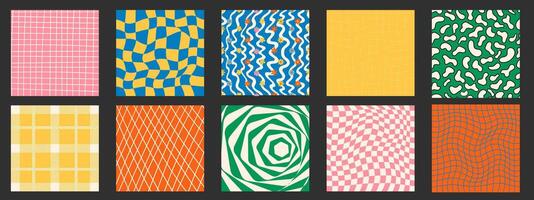 Groovy psychedelic checkerboard set in trendy retro 1970s style. Y2k aesthetic. illustration vector