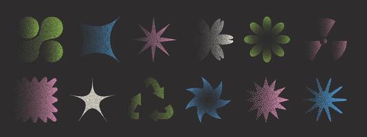 Set of geometric forms with retro noise stipple dots. halftone and stipple effect. vector