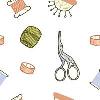 Seamless Pattern with Sewing, Needlework Tools. Dressmaking supply, Scissors, Skeins and Spools, Thimble and Needle Pad. Hand drawn illustration in doodle style. For Hobby or Handmade designs vector