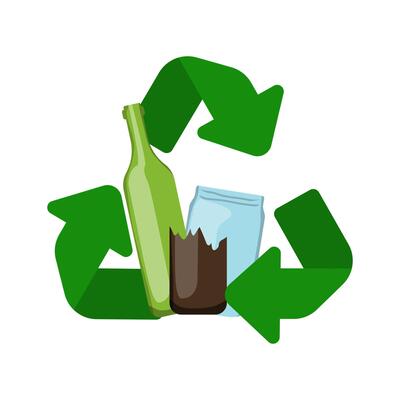 Glass recycle symbol. Illustration, jar, bottle broken dishes