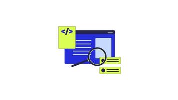 Assessing programming code with loupe 2D object animation. Coding program magnifier evaluation cartoon 4K , alpha channel. Computer window magnifying glass animated flat item on white background video