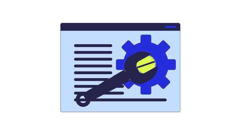 Fixing broken page on website 2D object animation. Wrench unscrewing ...