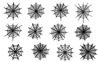 Set of spider web silhouette. Hand drawn black spider web isolated on white background. Illustration of Halloween decorative elements for design decor. vector