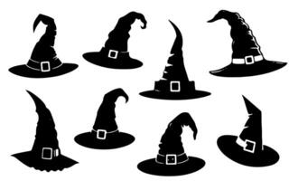 Set of Halloween witch hats silhouette. Hand drawn wizard spooky hats isolated on white background. Halloween party costume elements. Illustration decorative elements for design decor. vector