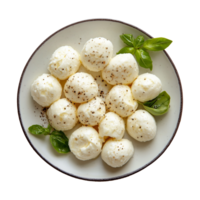 a bowl of mozzarella cheese with basil isolated on a transparent background png