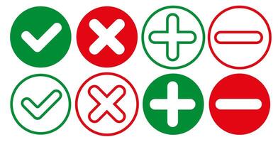 Confirmation or denial signs. Ticks and crosses, as well as pluses and minuses. vector