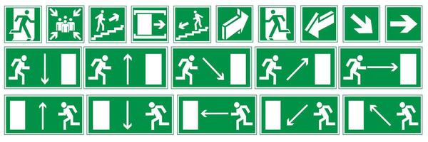 Fire signs. Emergency exit symbols. Green emergency exit. vector
