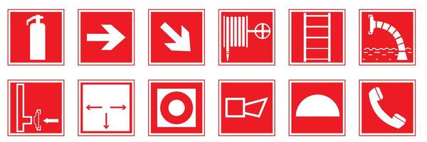 Fire signs. Signs of necessary actions during a fire. Fire warnings and actions. vector