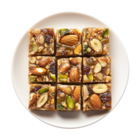 Indulgent Khajoor Burfi on Plate with Dates, Pista, and Badam Isolated on Transparent Background Perfect for Eye-Catching Promotional Materials. png