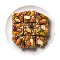 Nutritious Khajur Barfi on Plate with Kismis and Mawa Isolated on Transparent Background Use for Engaging Social Media Content and Promotions. png