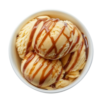 Delicious Ice Cream with Caramel Drizzle in a Bowl Isolated on Transparent Background Great for Marketing Campaigns, Product Covers, and Social Media Posts Featuring Sweet Indulgence. png