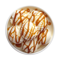 Elegant Ice Cream Bowl with Caramel Drizzle Isolated on Transparent Background Great for Product Promotions, Social Media Posts, and Decorative Displays Featuring Sweet Treats. png