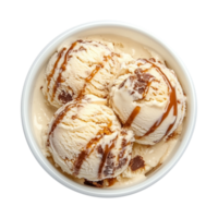 Creamy Bowl of Ice Cream with Caramel Sauce Isolated on Transparent Background Perfect for Decorative Uses, Product Banners, and Social Media Posts Showcasing Delicious Desserts. png