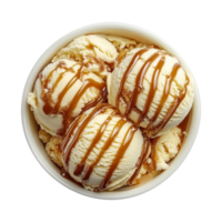 Luscious Bowl of Ice Cream with Caramel Drizzle Isolated on Transparent Background Great for Product Banners, Social Media Posts, and Decorative Displays Showcasing Irresistible Sweets. png