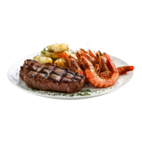 Grilled Perfection Stacked Beef and Prawns with lobster in a Clear, White Background for Marketing Posts png