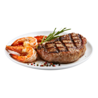 Savory Elegance Steak with lobster and Prawns Stacked in High-Resolution for Mouth-Watering Marketing Posts png