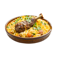 Succulent Goat Full Leg Kabuli Biryani, Isolated on a Transparent Background for Use in Product Promotions and Marketing Banners. png