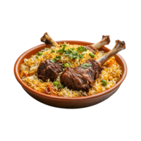 Fragrant Kabuli Biryani with Whole Goat Legs, Isolated on a Transparent Background for Use in Product Promotions, Decorative Covers, and Social Media Campaigns. png
