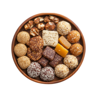 Til Bhugga Energy Balls and Assorted Traditional Sweets with Ghee and Sesame Served on a Wooden Plate Isolated on a Transparent Background png