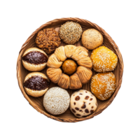 Til Bhugga Sweets and Assorted Energy Balls Made with Ghee and Jaggery on a Wooden Plate Isolated on a Transparent Background for Product Marketing png