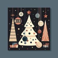 retro flat card with xmas trees, presents, christmas tree toys. vintage graphic art for xmas greetings vector