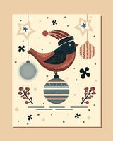 one cute bird in hat and xmas decorations in abstract style. winter background for xmas greetings vector