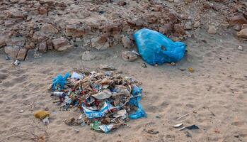 Plastic bottles and various garbage from hotels in the wild, Garbage dump in the desert in Egypt photo