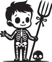 a cartoon skeleton with pitchfork and skull vector
